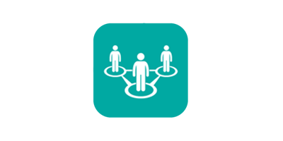 white icon of 3 people standing inside three interconnected circles in front of a teal background
