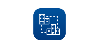 a white icon illustrating two buildings connected by dots on a dark blue background