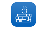 a white line drawing of an apple on a pile of books in front of a dark blue background