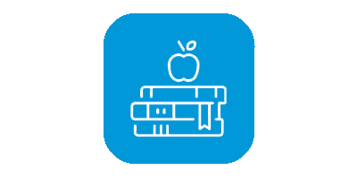 a white line drawing of an apple on a pile of books in front of a blue background